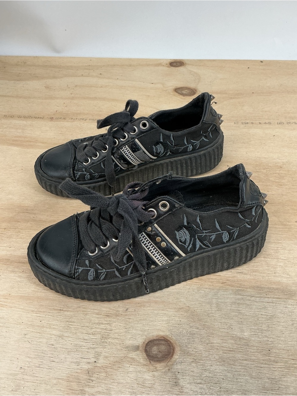 Demonia Black Floral Studded Platform Lace-Up Sneakers Size 4 View 3